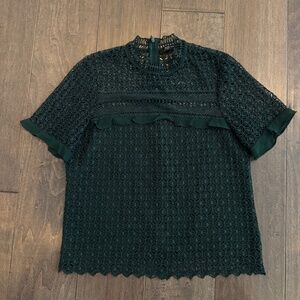 Zara Dark Green Guipure Crochet Lace Frill Detail Top Blouse Medium